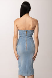 Elisabetta Franchi Abito Midi In Jeans con Bustier e Lacci Criss-cross AJ47D61E2 LIGHT BLUE
