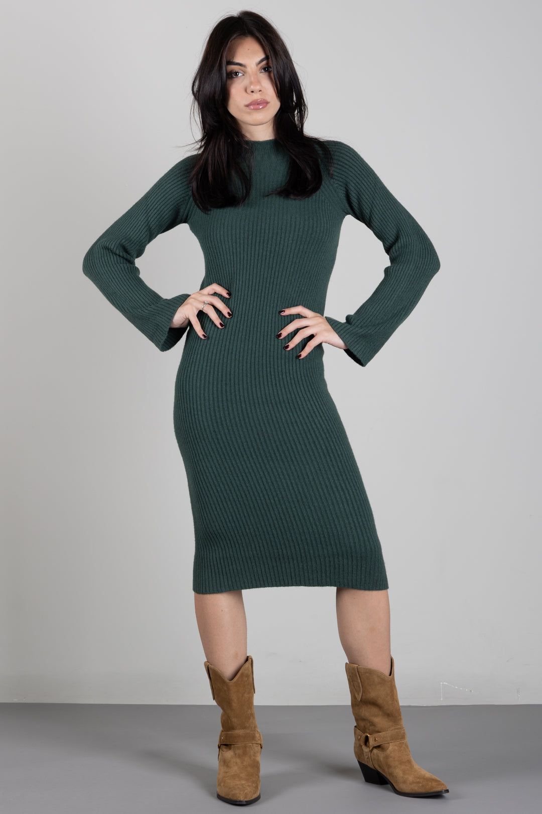 Manila Grace Abito Midi In Maglia a Coste A477VU BLACK FOREST :AI26