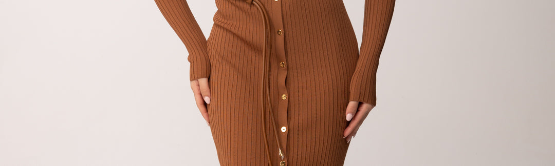 Elisabetta Franchi Abito Midi In Maglia a Coste con Cintura AM15S61E2 CUOIO