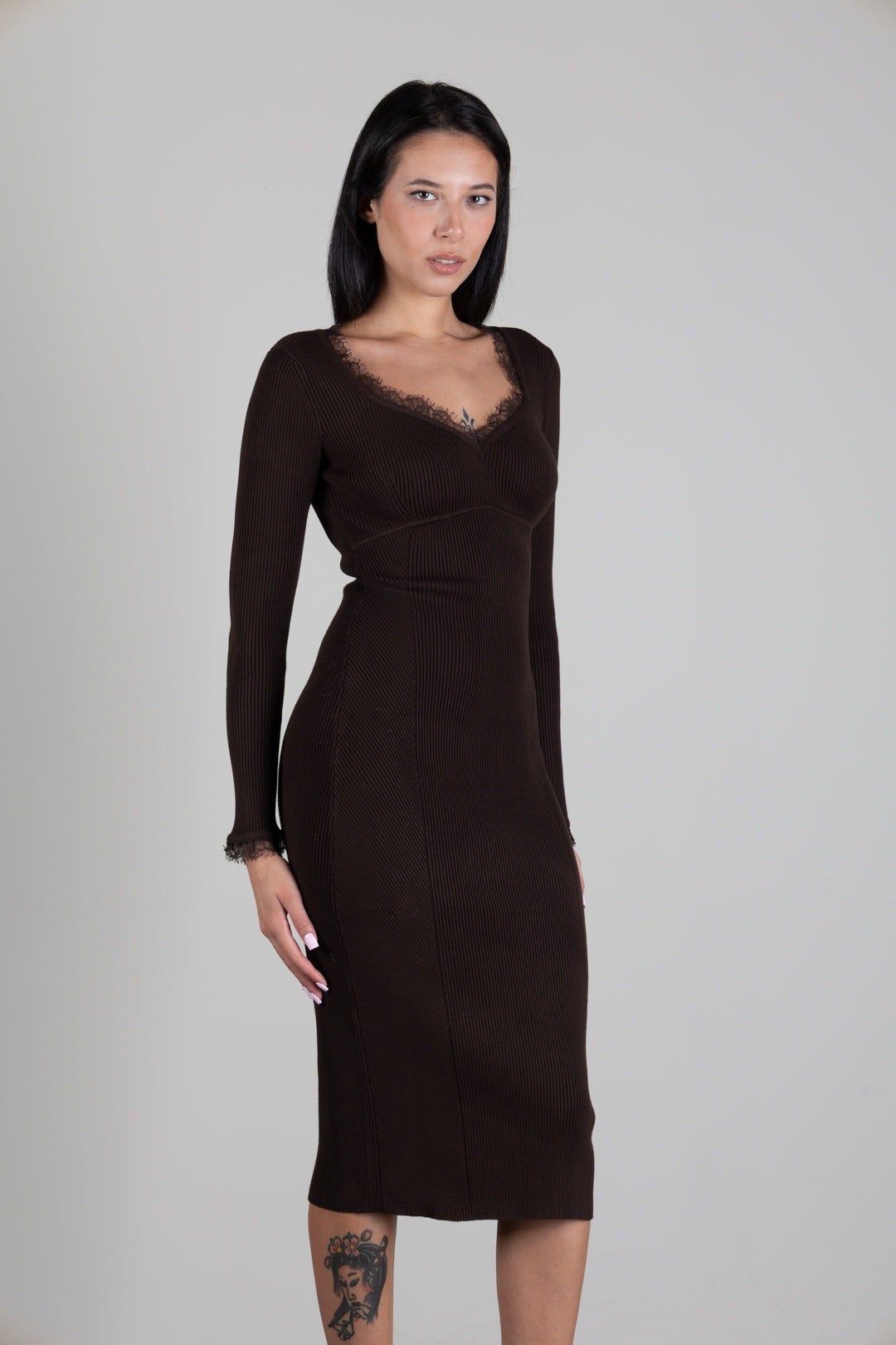 Twin-set Abito Midi In Maglia a Coste con Pizzo 262TP3392 DARKNESS BROWN