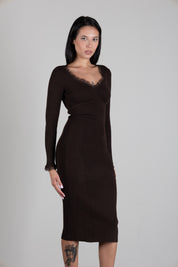Twin-set Abito Midi In Maglia a Coste con Pizzo 262TP3392 DARKNESS BROWN