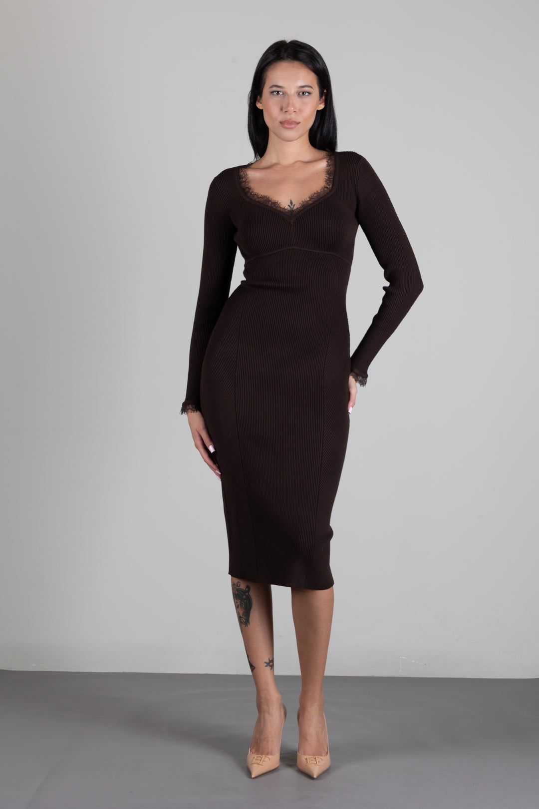 Twin-set Abito Midi In Maglia a Coste con Pizzo 262TP3392 DARKNESS BROWN
