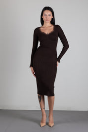 Twin-set Abito Midi In Maglia a Coste con Pizzo 262TP3392 DARKNESS BROWN