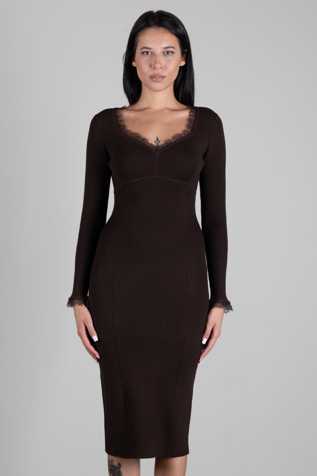 Twin-set Abito Midi In Maglia a Coste con Pizzo 262TP3392 DARKNESS BROWN
