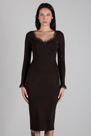 Twin-set Abito Midi In Maglia a Coste con Pizzo 262TP3392 DARKNESS BROWN