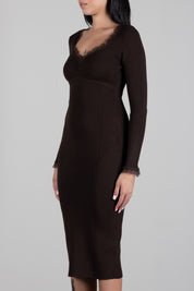Twin-set Abito Midi In Maglia a Coste con Pizzo 262TP3392 DARKNESS BROWN