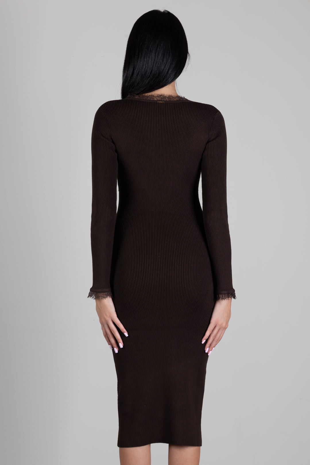 Twin-set Abito Midi In Maglia a Coste con Pizzo 262TP3392 DARKNESS BROWN