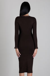 Twin-set Abito Midi In Maglia a Coste con Pizzo 262TP3392 DARKNESS BROWN