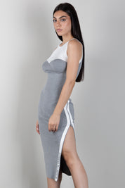 Elisabetta Franchi Abito Midi In Maglia Bicolor con Spacchi AM44S66E2 GRIGIO MELANGE/AVORI