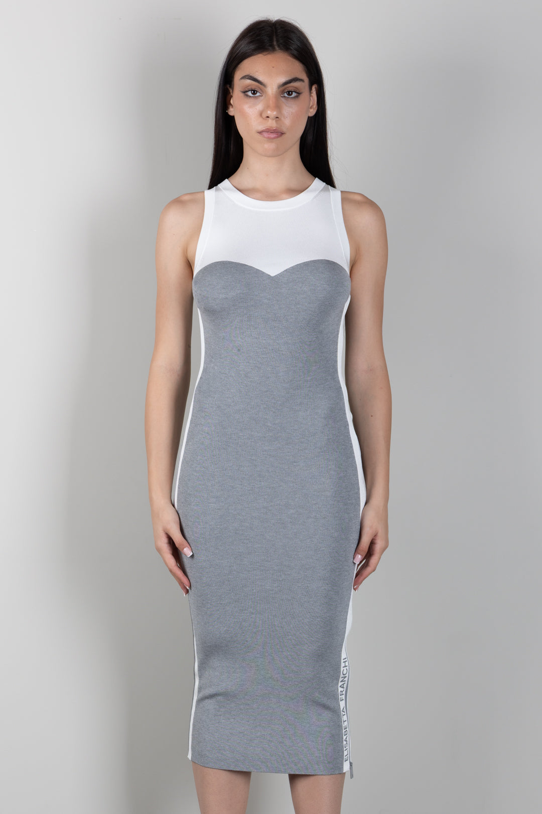 Elisabetta Franchi Abito Midi In Maglia Bicolor con Spacchi AM44S66E2 GRIGIO MELANGE/AVORI