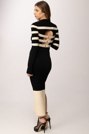 Patrizia Pepe Abito Midi In Maglia con Bande a Contrasto e Cut-out 8A1666 K323 NERO/IVORY