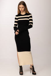 Patrizia Pepe Abito Midi In Maglia con Bande a Contrasto e Cut-out 8A1666 K323 NERO/IVORY