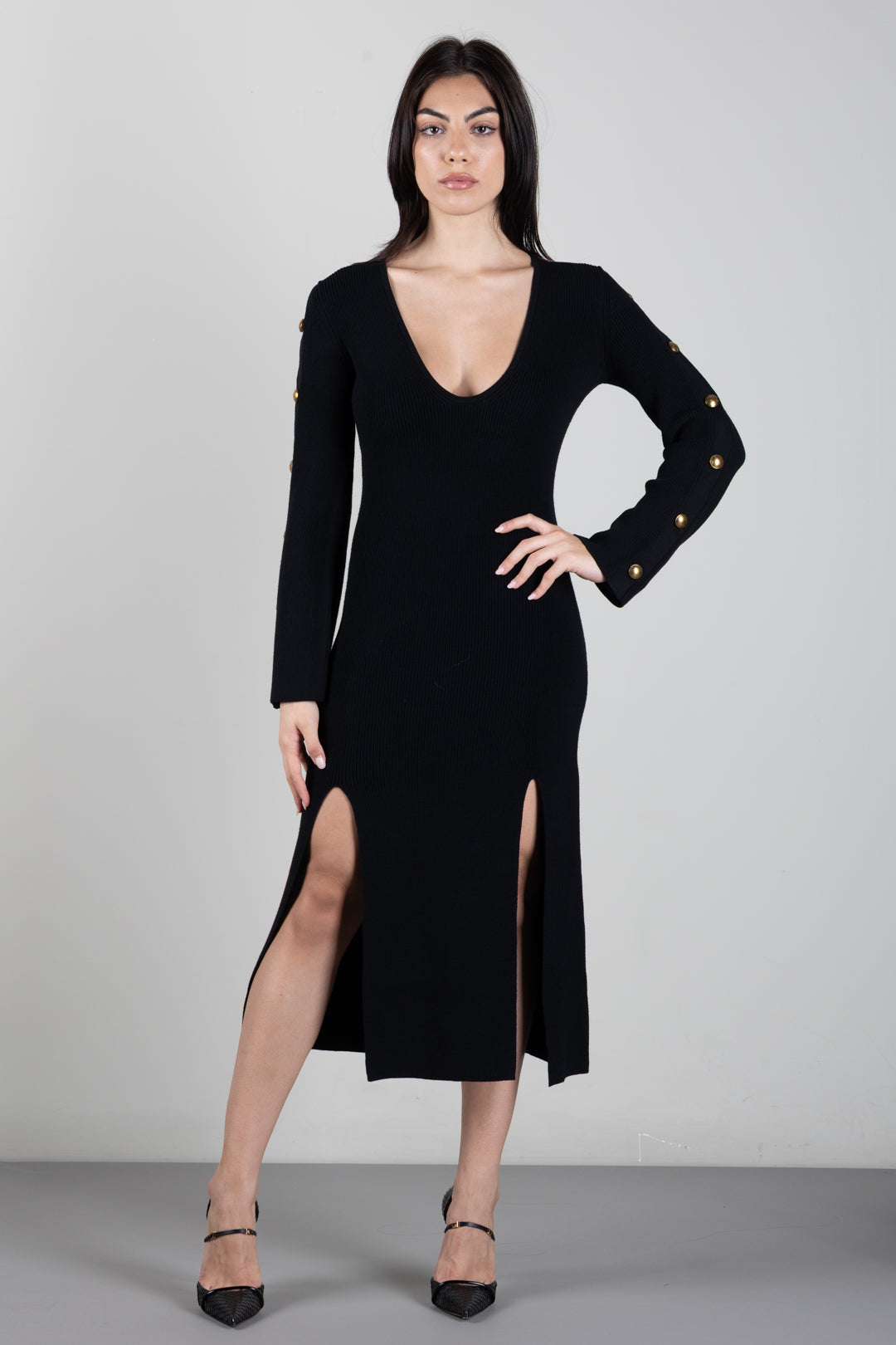 Elisabetta Franchi Abito Midi In Maglia con Bottoni Gioiello AM02S66E2 NERO