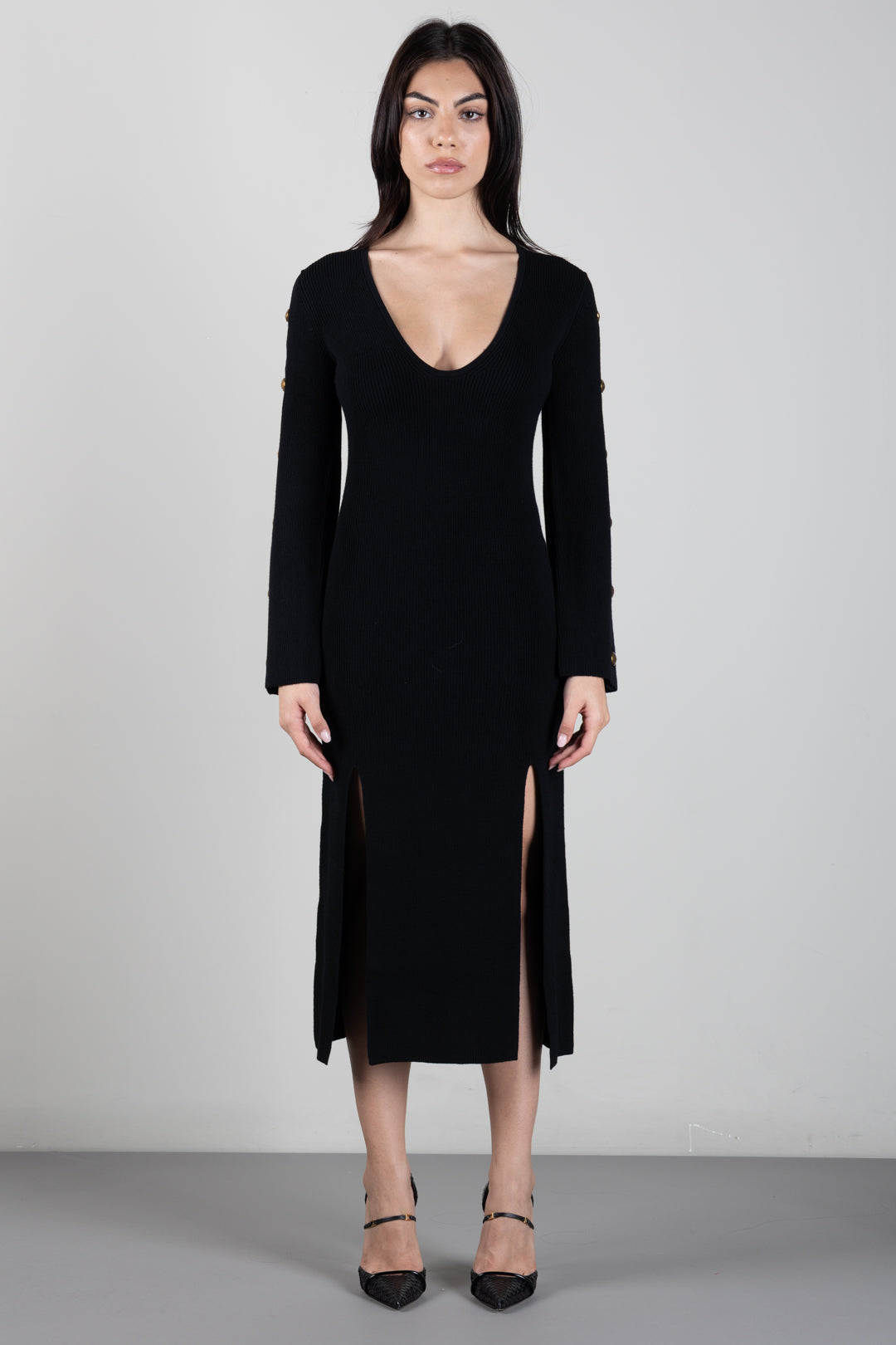 Elisabetta Franchi Abito Midi In Maglia con Bottoni Gioiello AM02S66E2 NERO