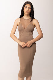 Elisabetta Franchi Abito Midi  In Maglia con Carré Trasparente AM91Q61E2 ARGILLA