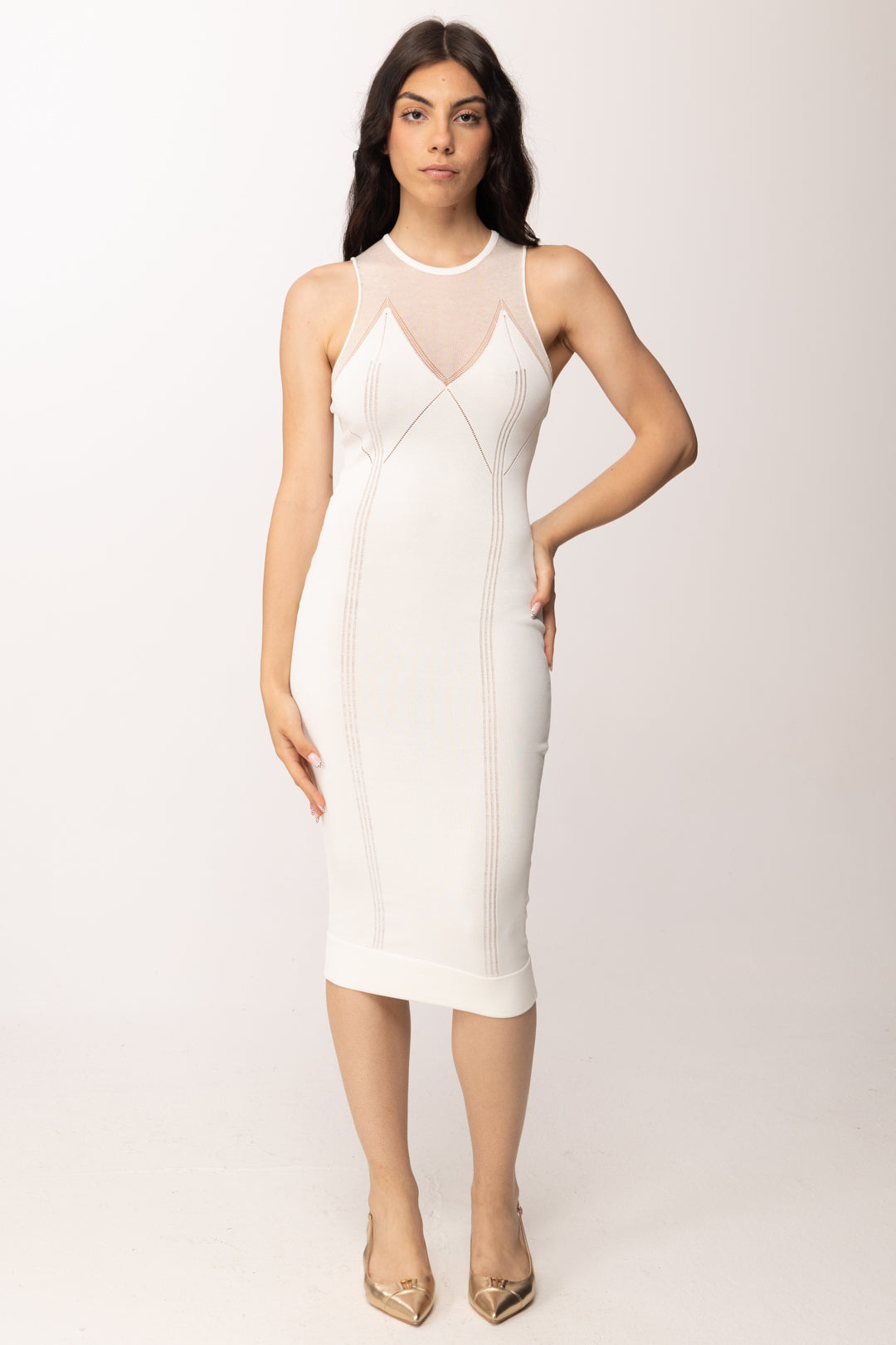 Elisabetta Franchi Abito Midi  In Maglia con Carré Trasparente AM91Q61E2 AVORIO