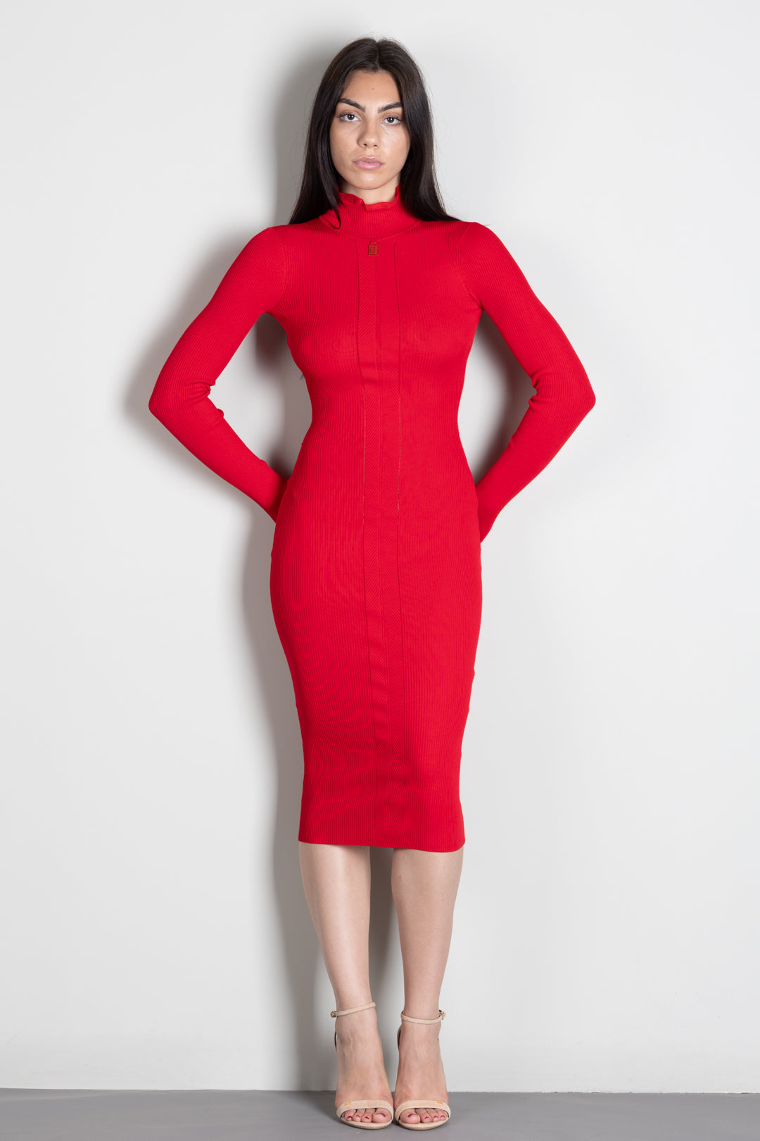 Elisabetta Franchi Abito Midi In Maglia con Dettaglio Logo AM21B66E2 RED PASSION