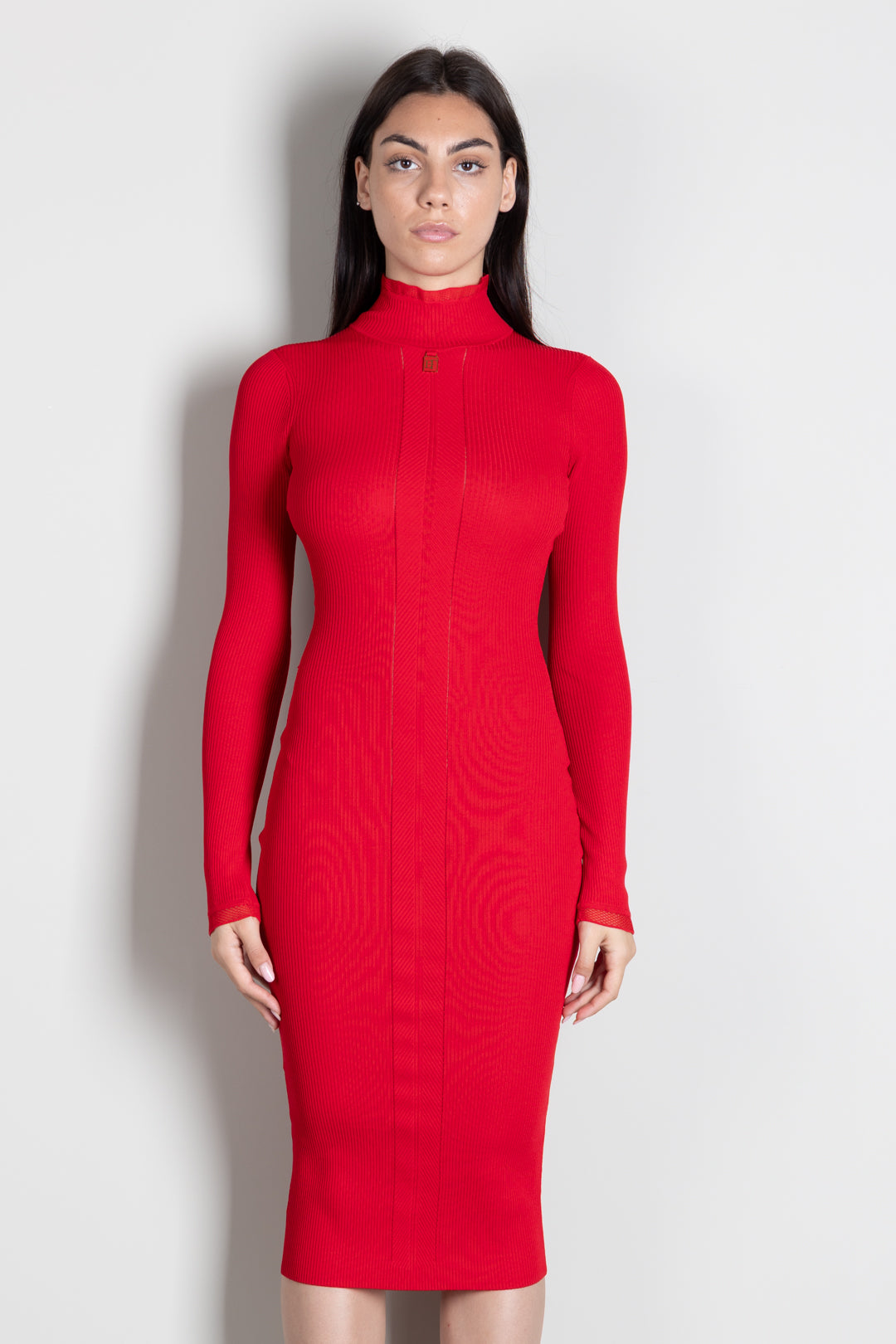 Elisabetta Franchi Abito Midi In Maglia con Dettaglio Logo AM21B66E2 RED PASSION