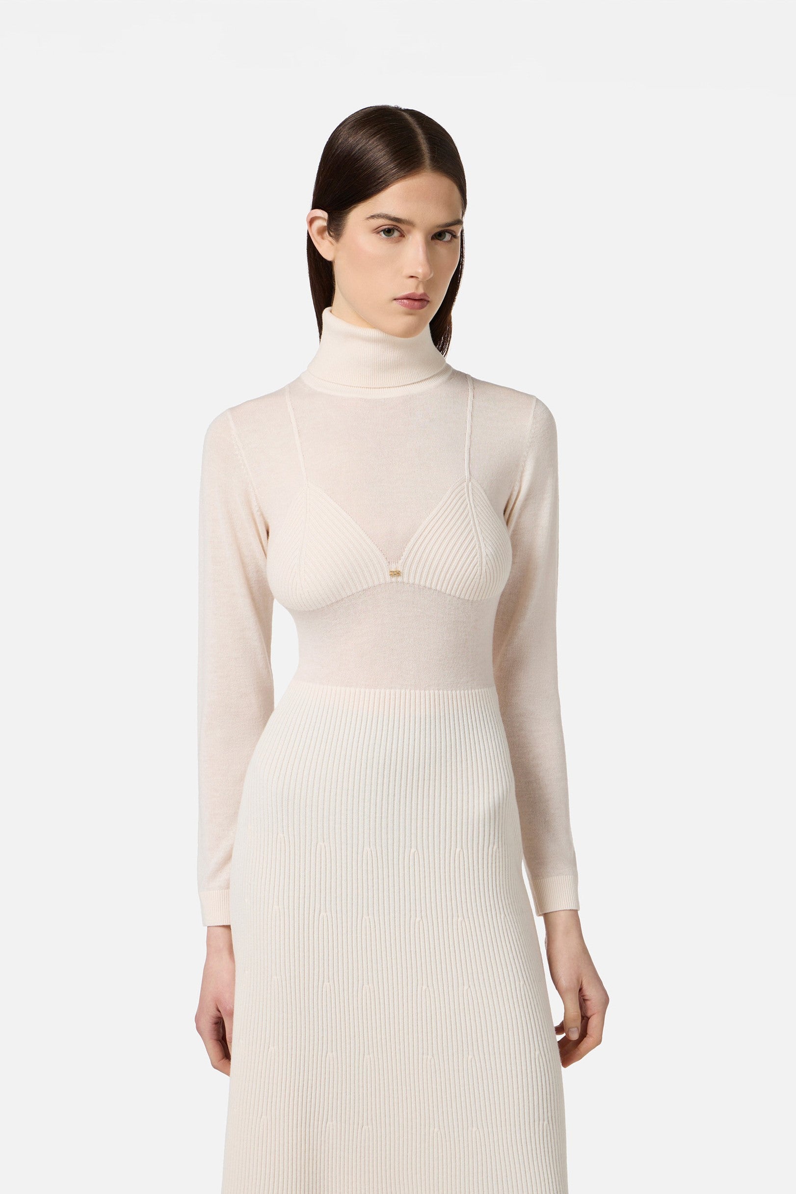 Elisabetta Franchi Abito Midi In Maglia con Lavorazione a Coste AM30S57E2 MILK