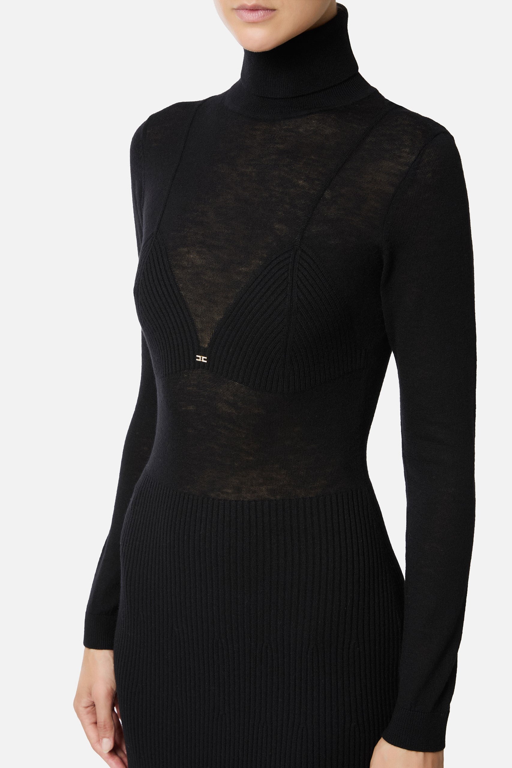 Elisabetta Franchi Abito Midi In Maglia con Lavorazione a Coste AM30S57E2 NERO