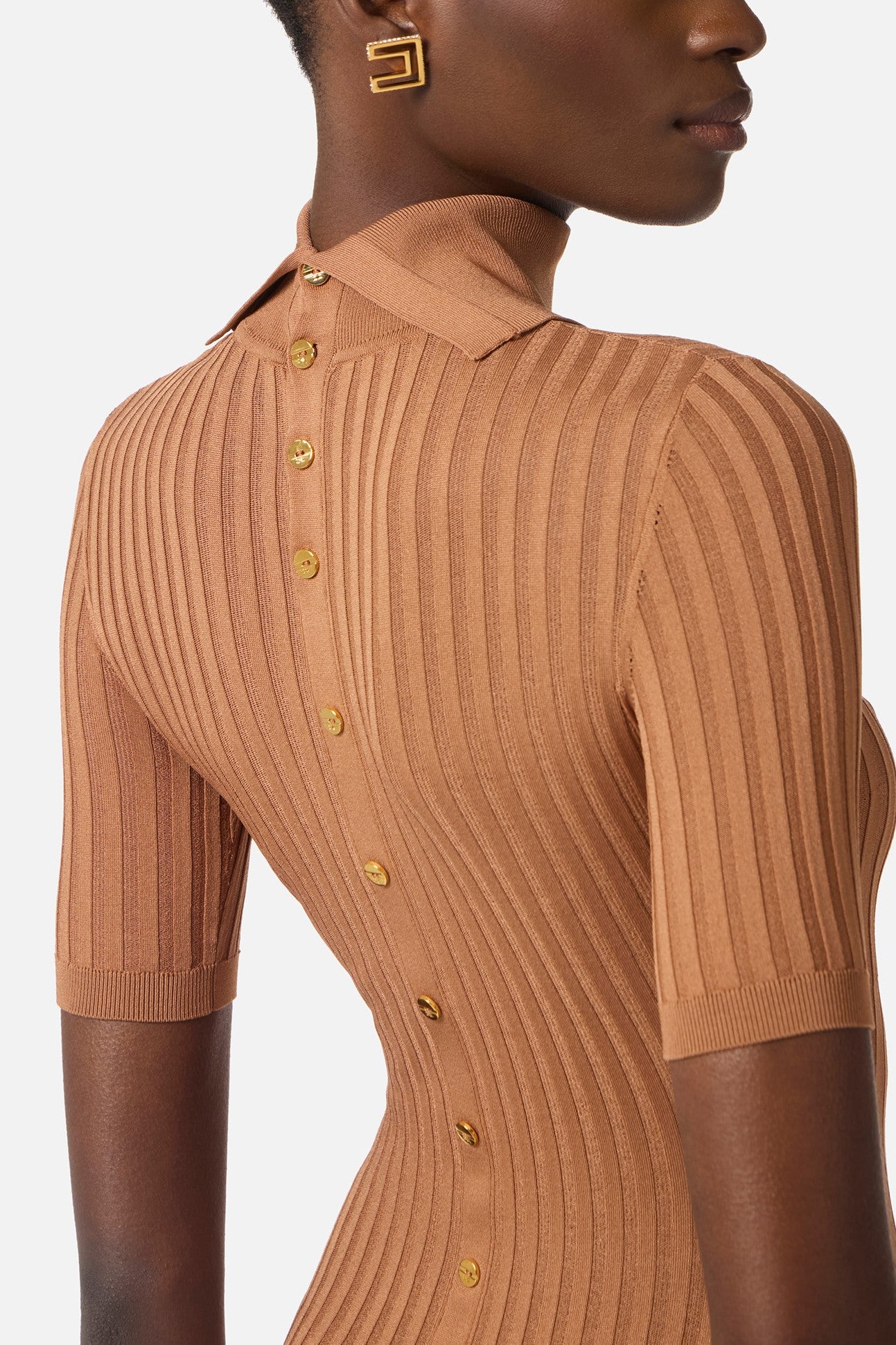 Elisabetta Franchi Abito Midi In Maglia con Trasparenze AM22S62E2 CUOIO