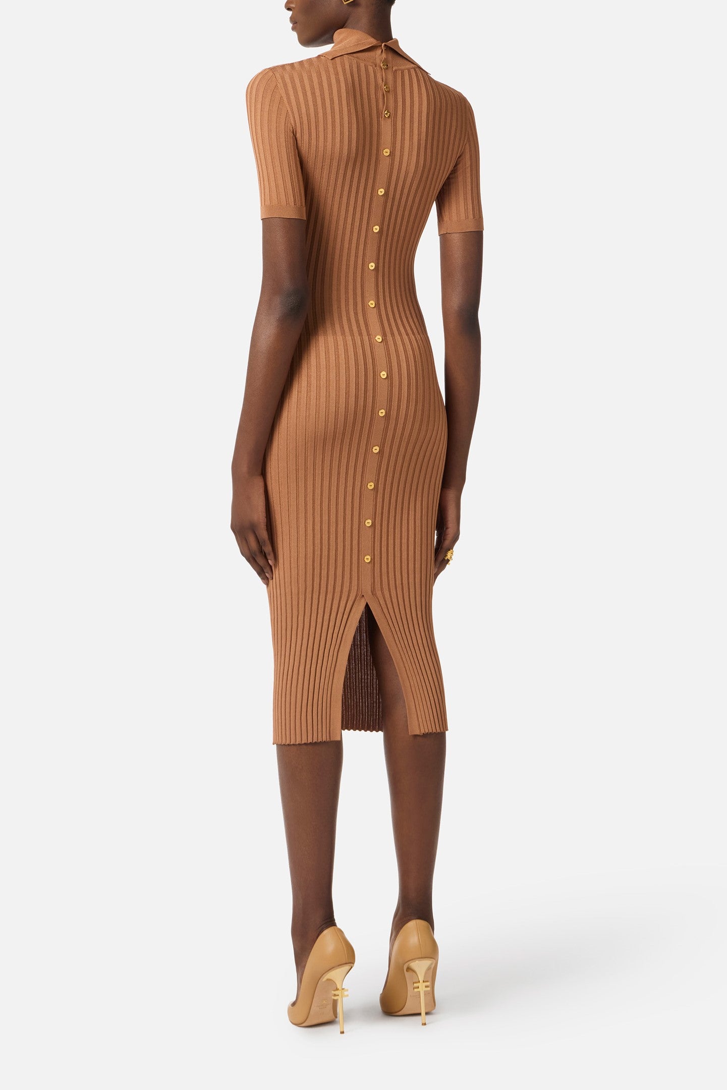 elisabetta franchi knit dress Woman Midi with Sheer Panels AM22S62E2 LEATHER – Khloefemme Backless Halter Dress