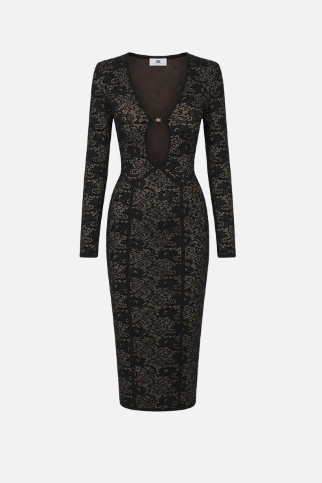 Elisabetta Franchi Abito Midi In Maglia Traforata con Motivo Floreale AM26Q66E2 NERO/PELLE