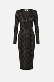 Elisabetta Franchi Abito Midi In Maglia Traforata con Motivo Floreale AM26Q66E2 NERO/PELLE