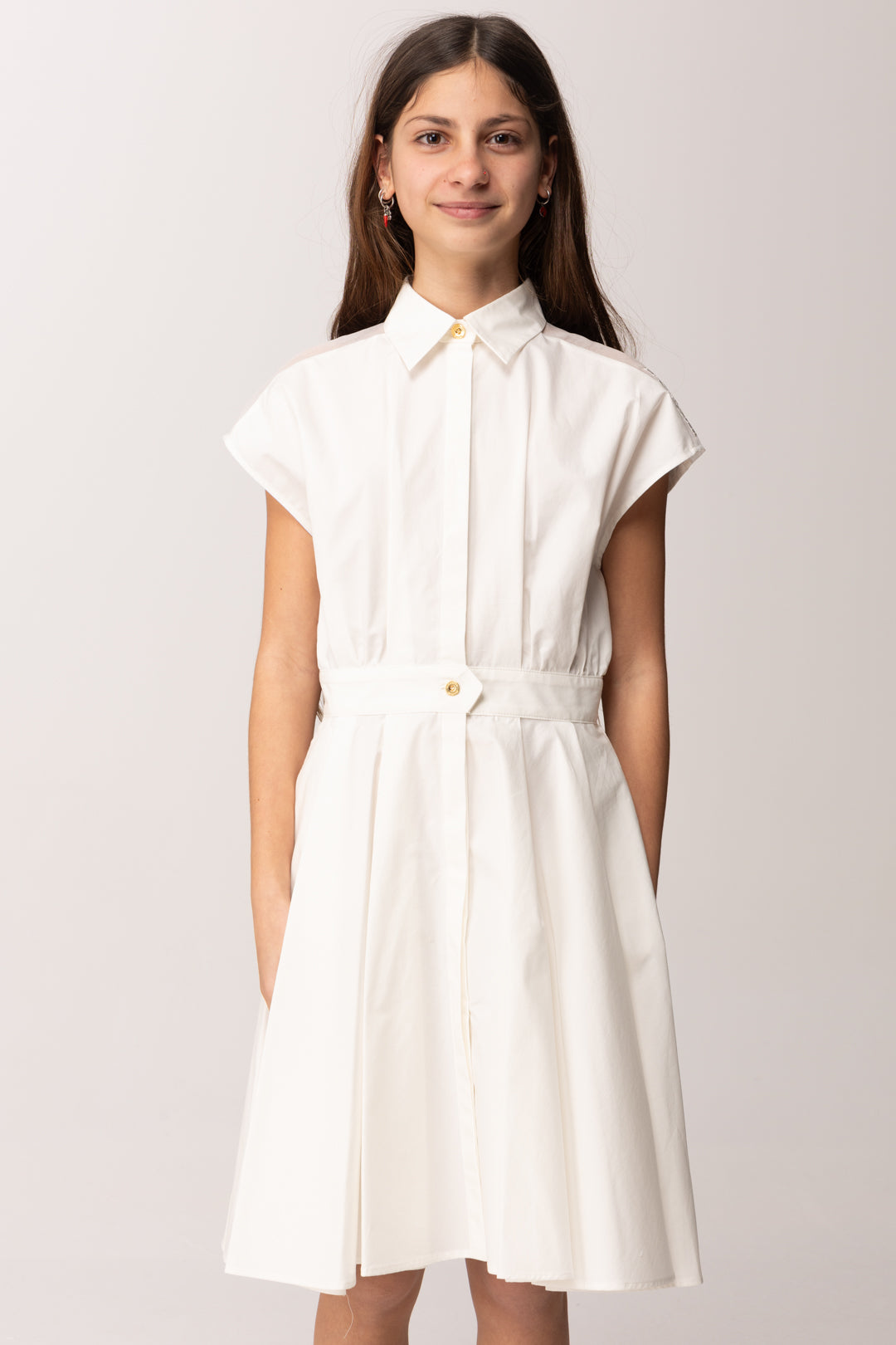 Elisabetta Franchi Bambina Abito Midi In Popeline con Ricamo Su Spalla EFAB6620CA235.0004