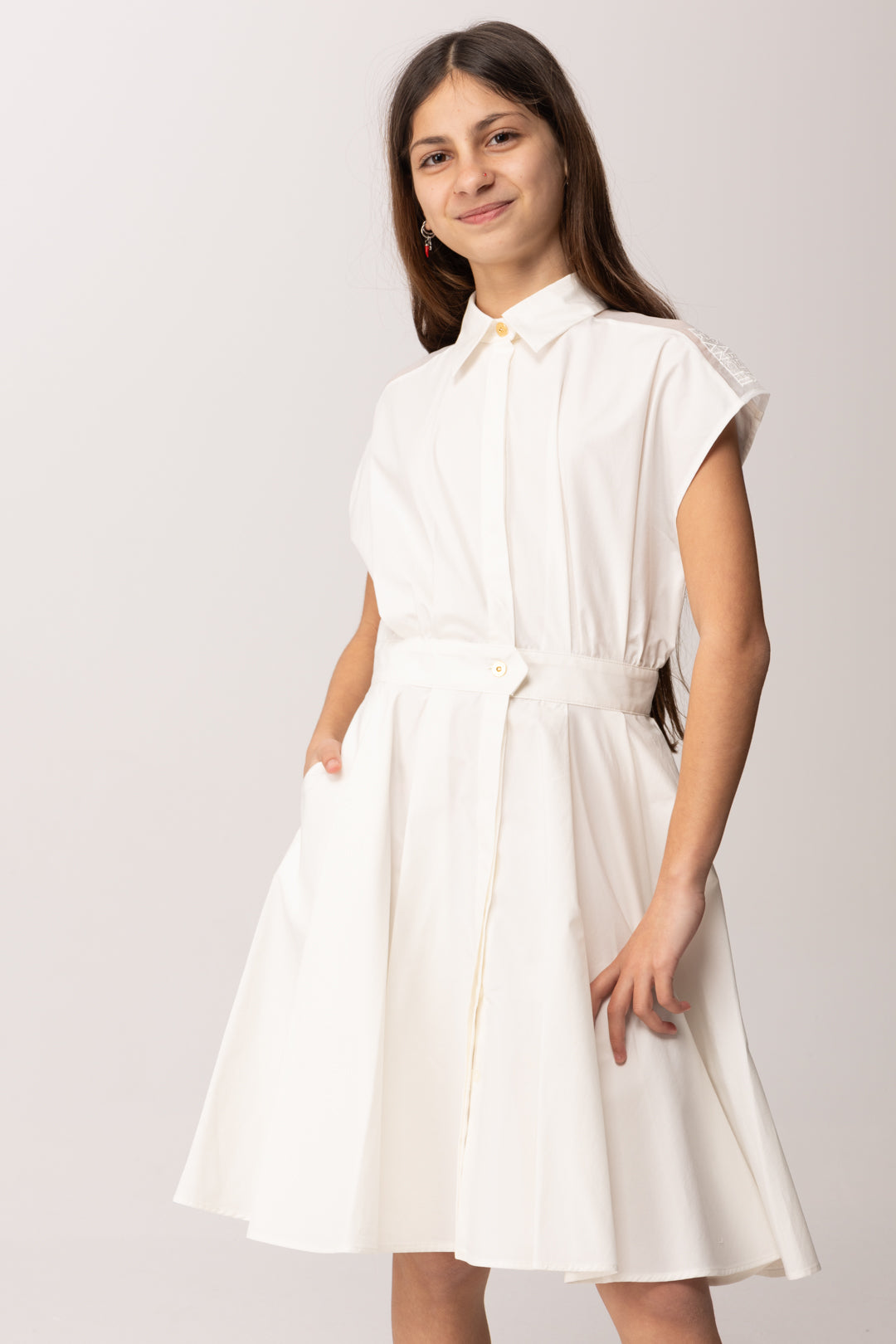 Elisabetta Franchi Bambina Abito Midi In Popeline con Ricamo Su Spalla EFAB6620CA235.0004