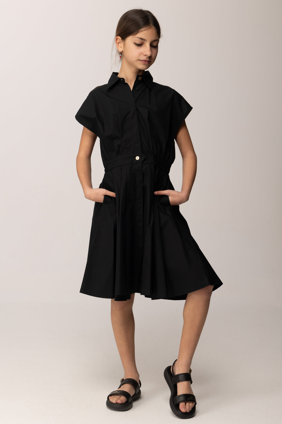 Elisabetta Franchi Bambina Abito Midi In Popeline con Ricamo Su Spalla EFAB6620CA235.N000