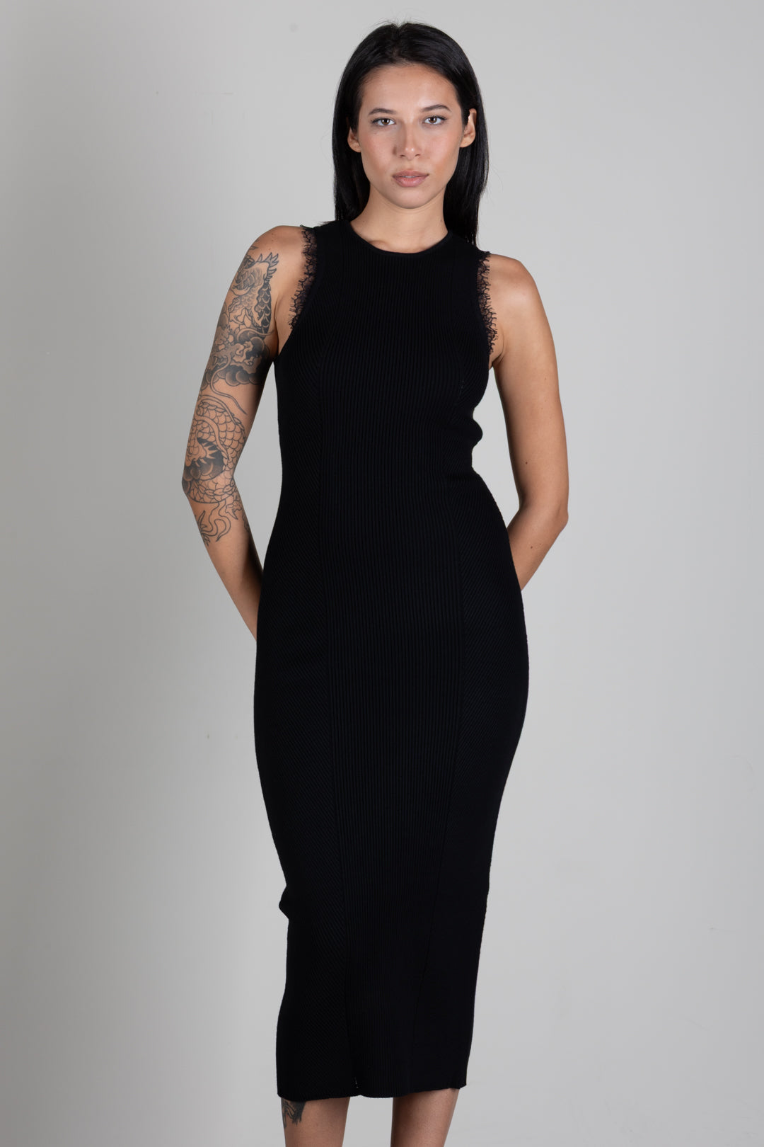 Twin-set Abito Midi Smanicato In Maglia a Coste con Pizzo 262TP3393 NERO