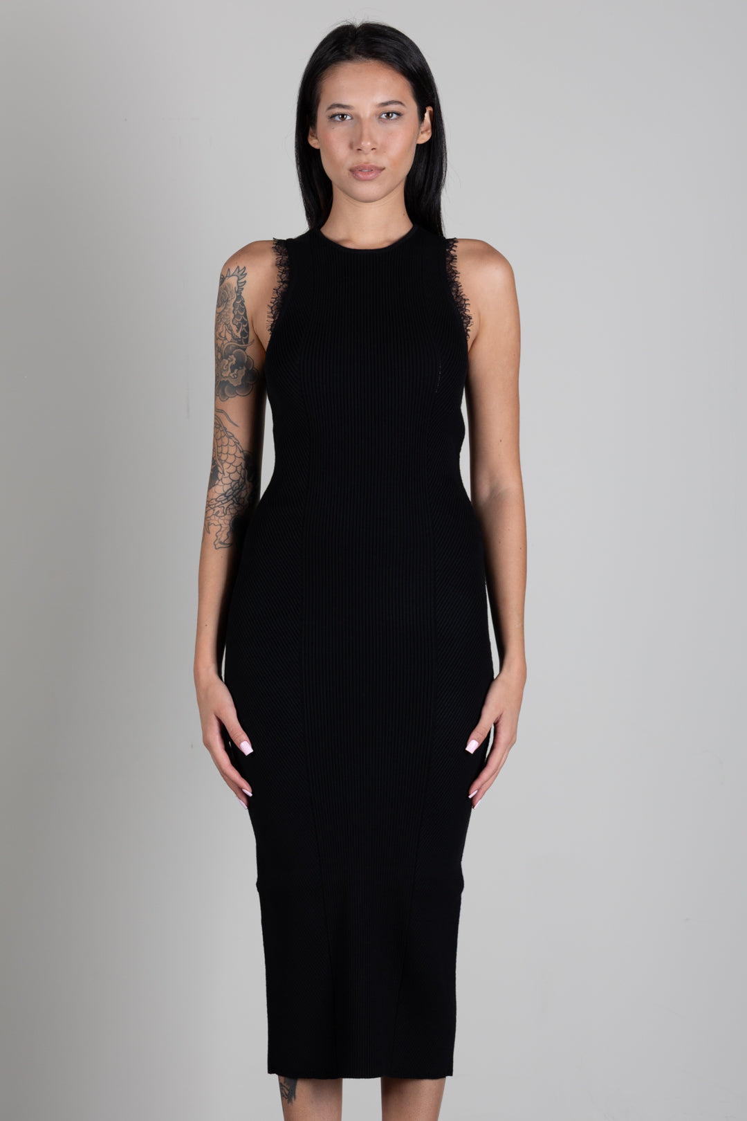 Twin-set Abito Midi Smanicato In Maglia a Coste con Pizzo 262TP3393 NERO