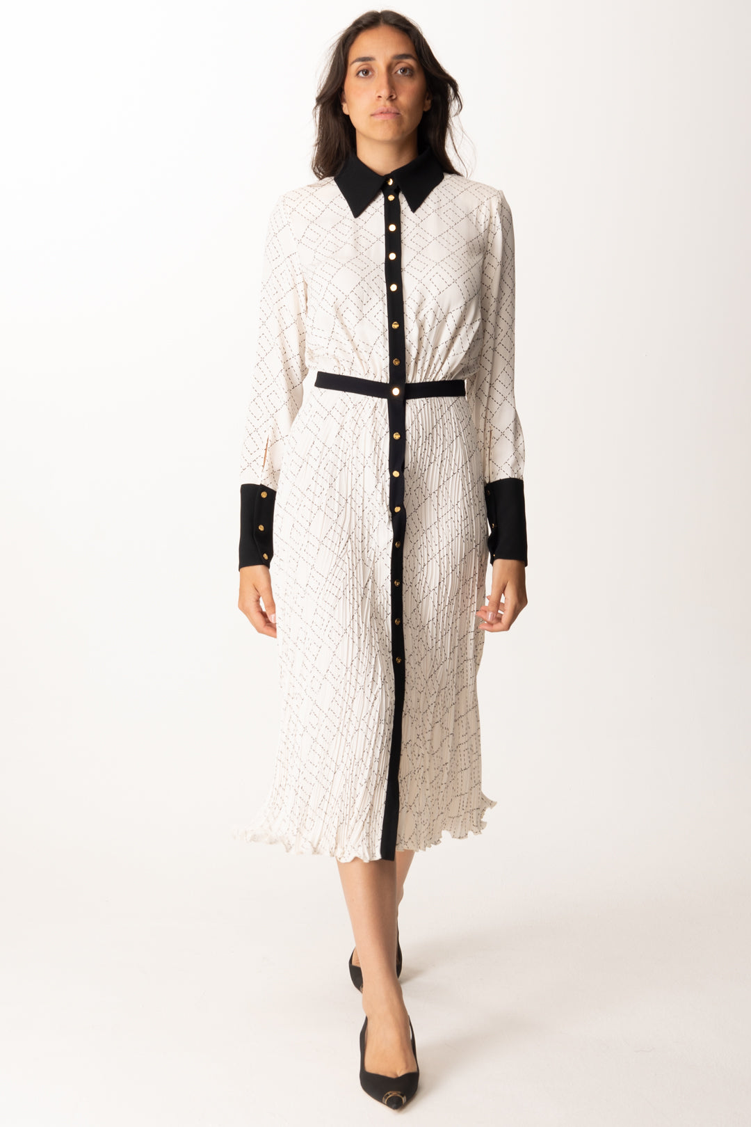 Elisabetta Franchi Abito Midi Stampato In Georgette Di Viscosa ABS0256E2 MILK/NERO