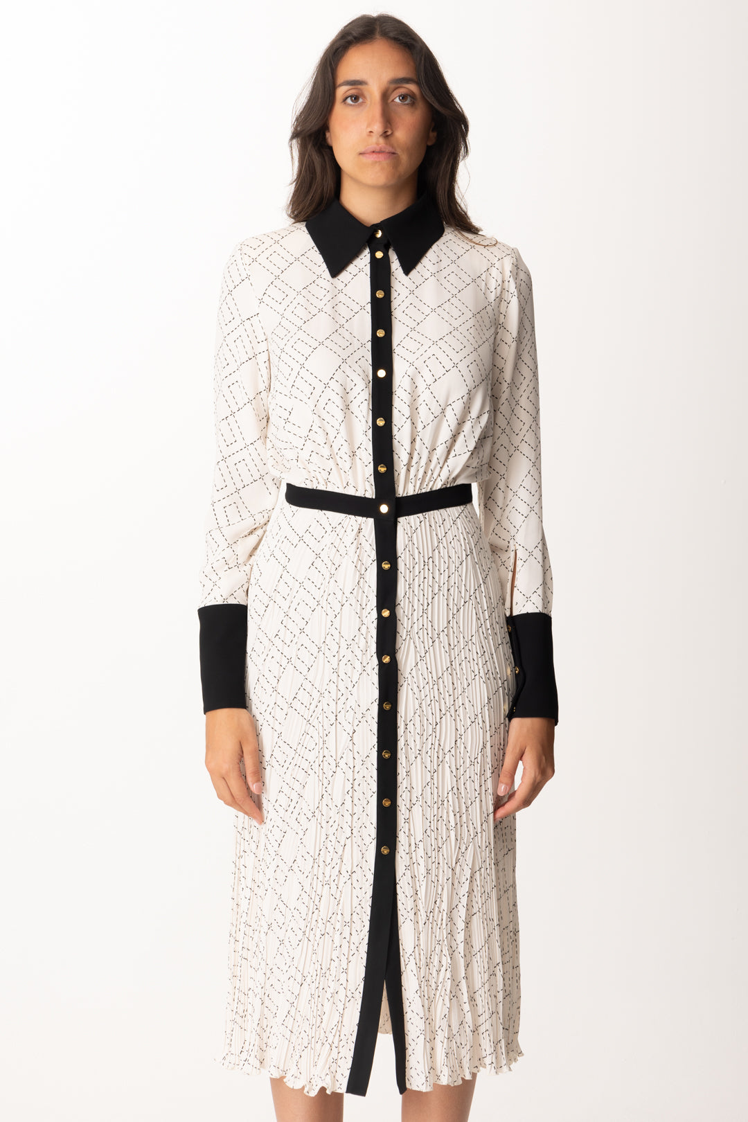 Elisabetta Franchi Abito Midi Stampato In Georgette Di Viscosa ABS0256E2 MILK/NERO