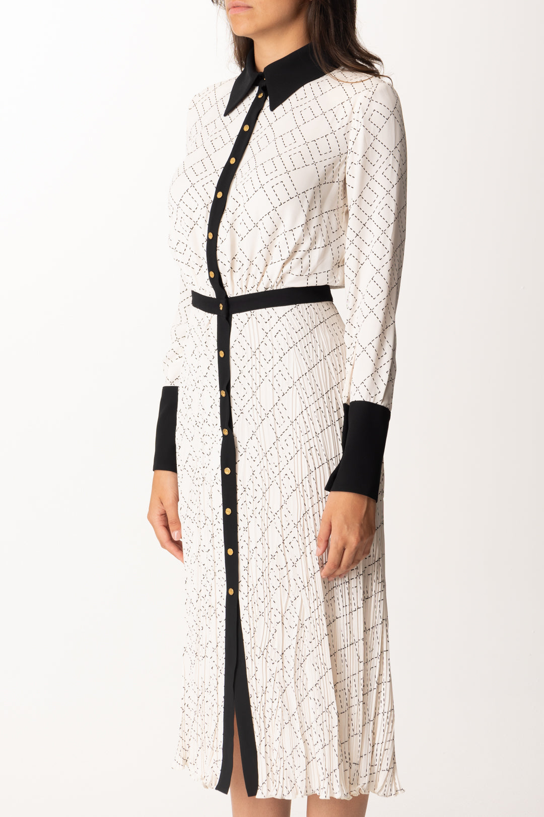 Elisabetta Franchi Abito Midi Stampato In Georgette Di Viscosa ABS0256E2 MILK/NERO