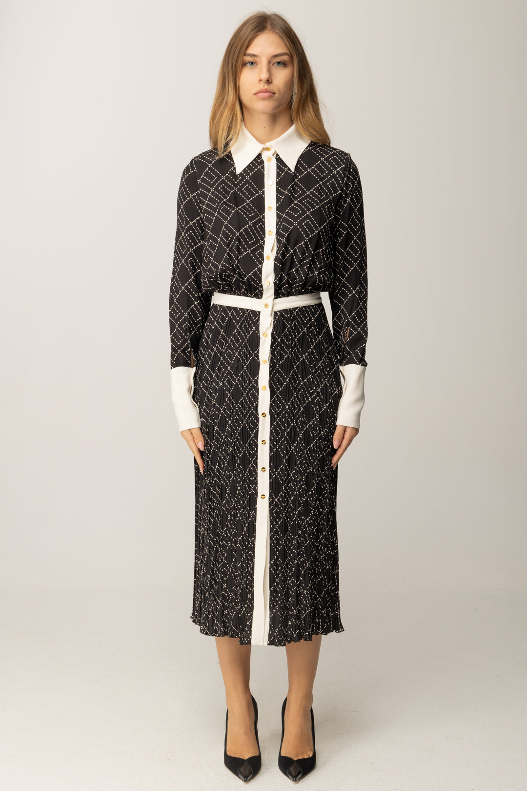 Elisabetta Franchi Abito Midi Stampato In Georgette Di Viscosa ABS0256E2 NERO/MILK