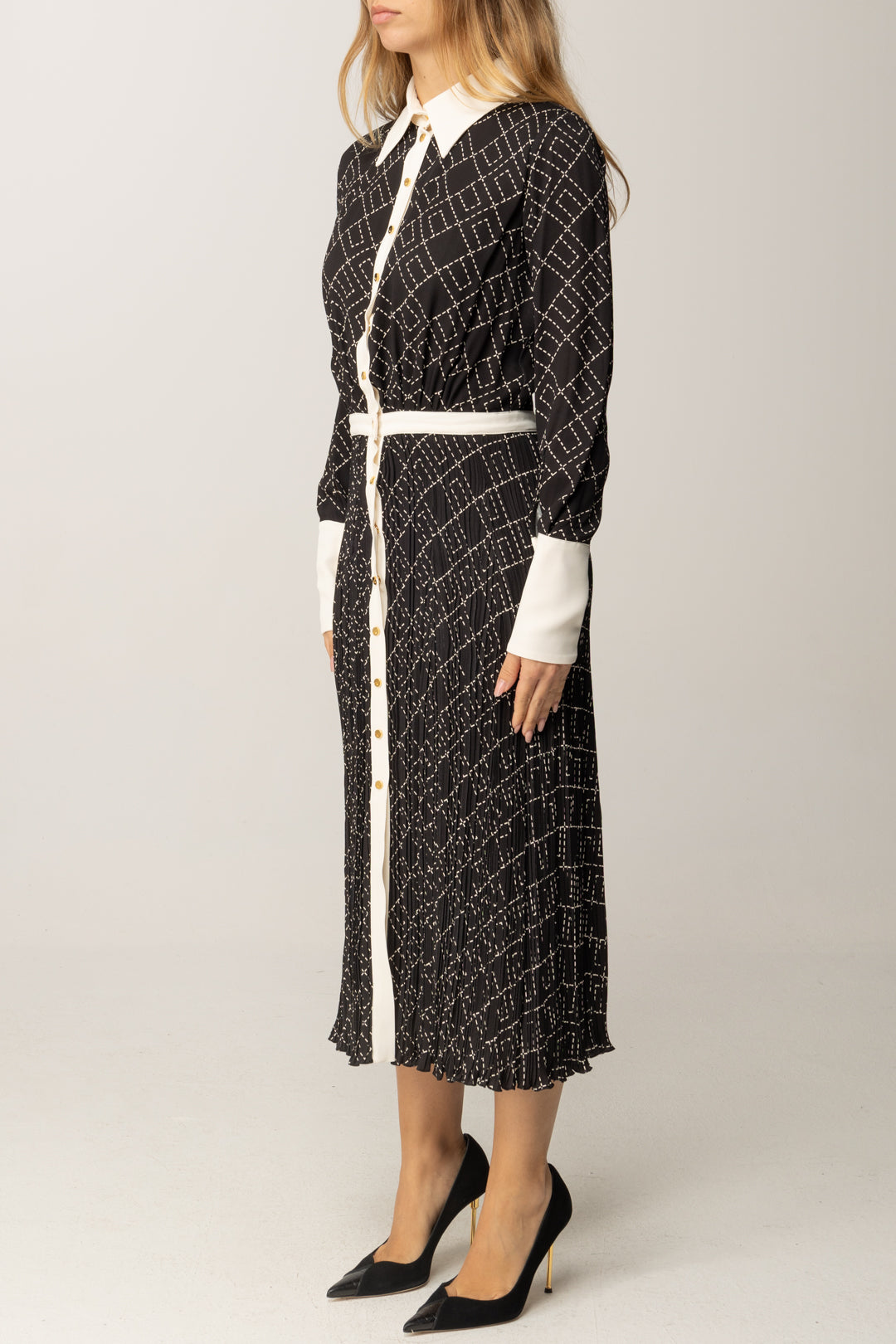 Elisabetta Franchi Abito Midi Stampato In Georgette Di Viscosa ABS0256E2 NERO/MILK