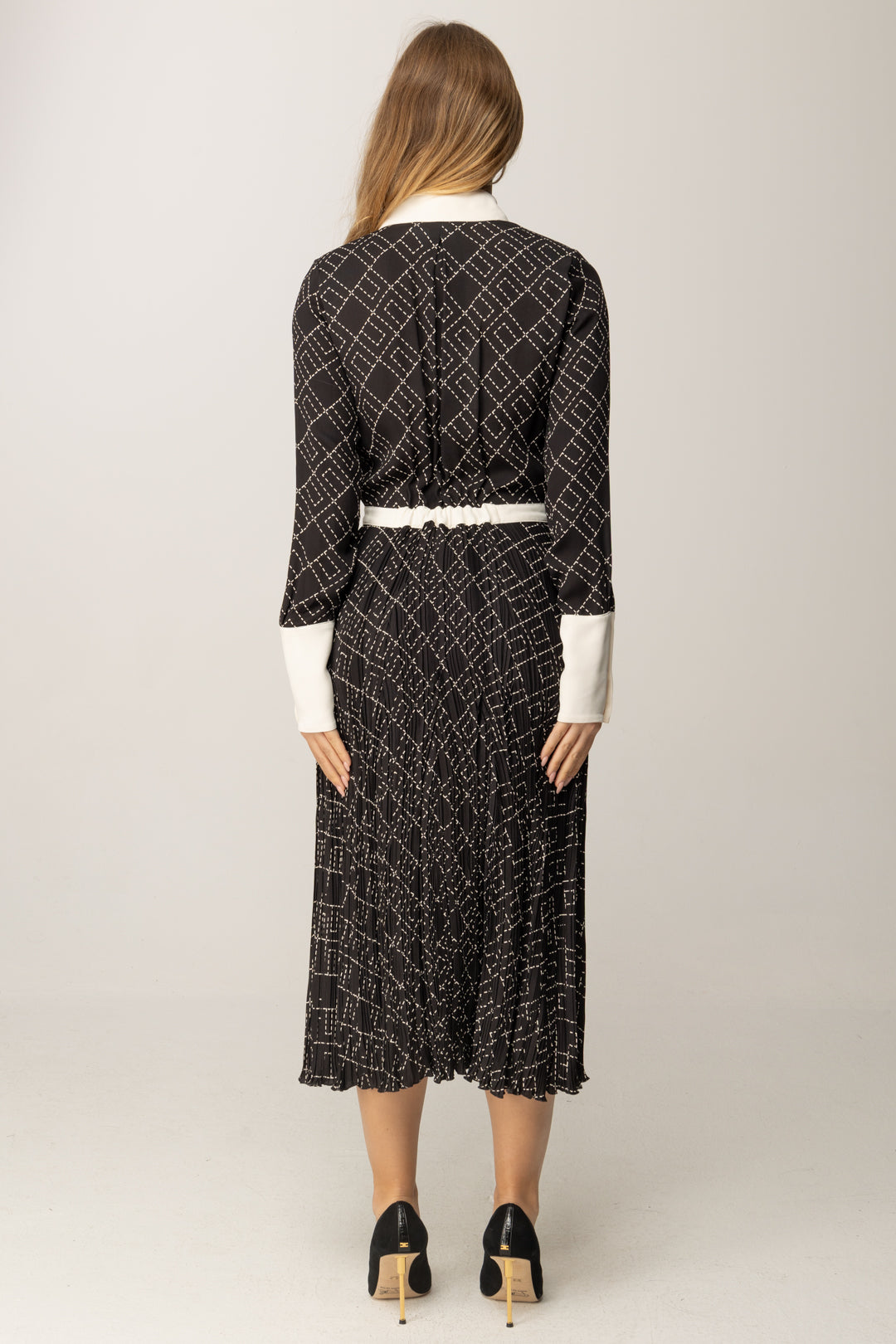 Elisabetta Franchi Abito Midi Stampato In Georgette Di Viscosa ABS0256E2 NERO/MILK