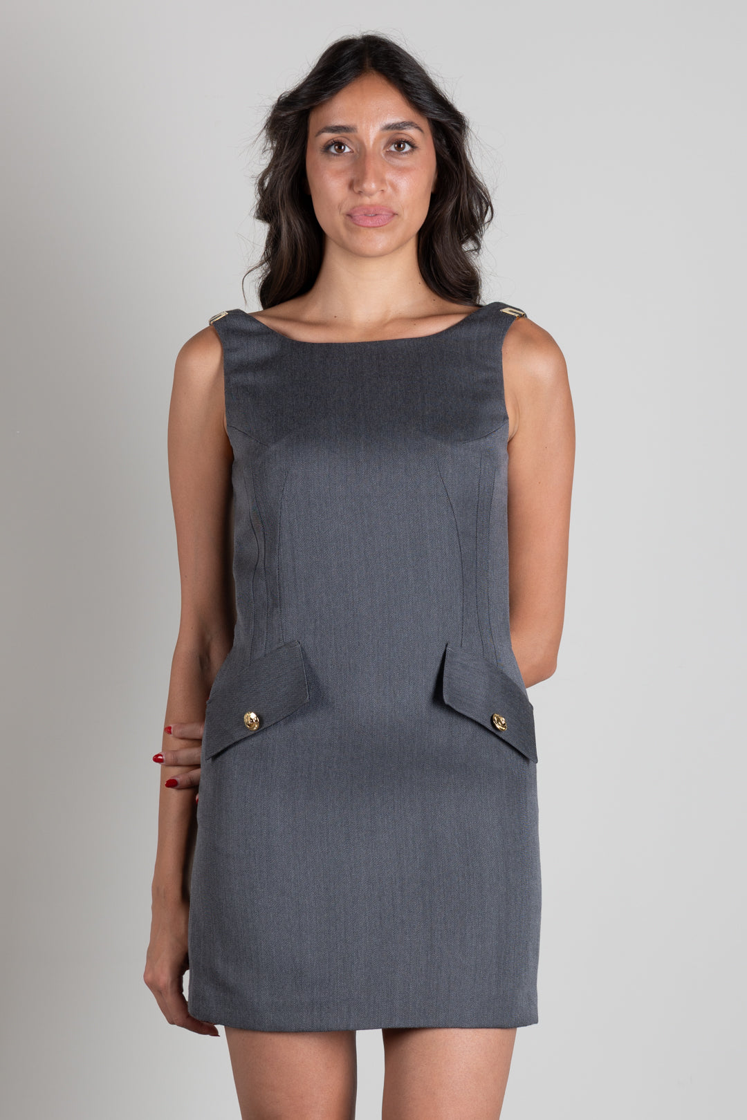 Elisabetta Franchi Abito Mini Smanicato con Dettagli Logo AB99366E2 GRIGIO MELANGE