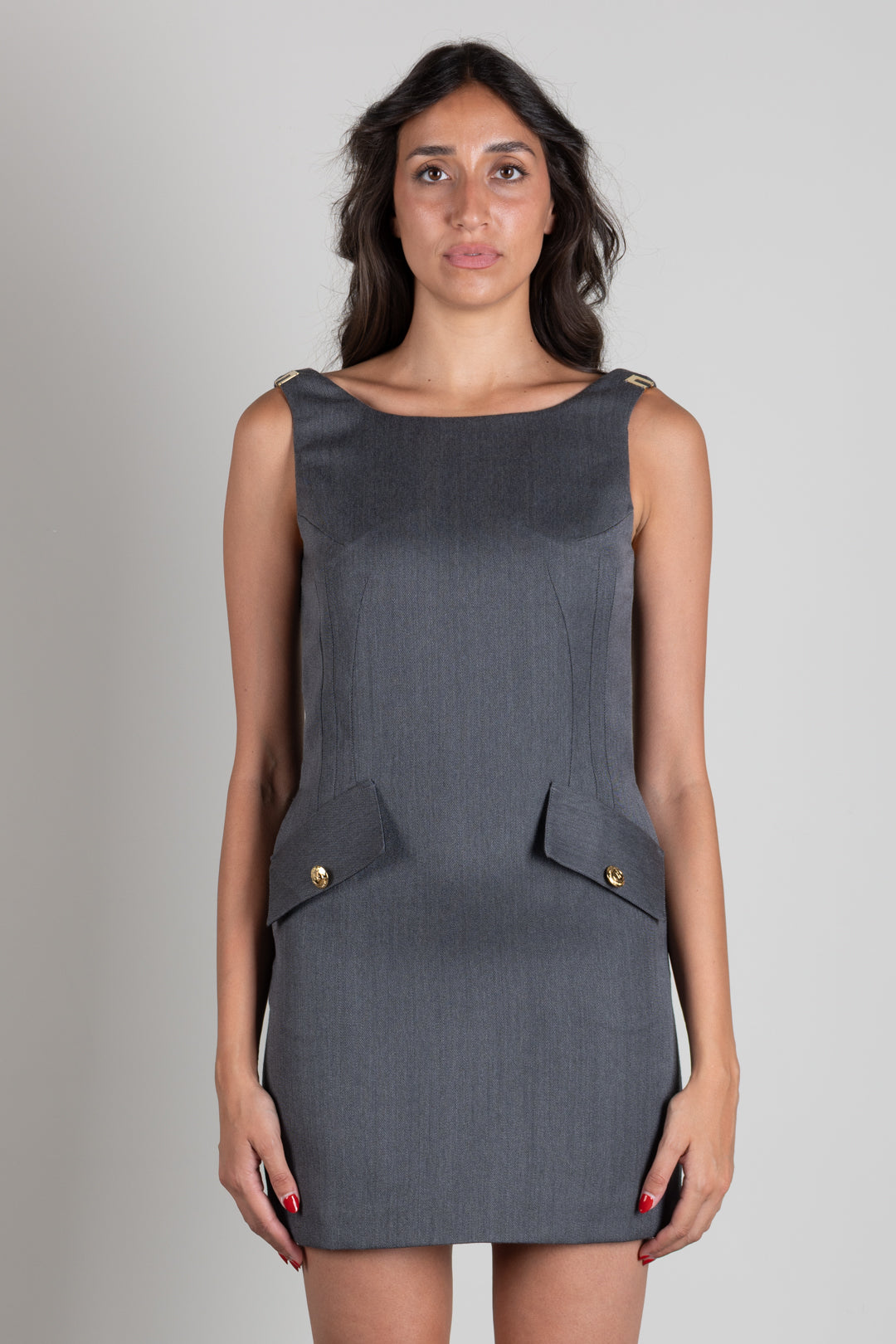Elisabetta Franchi Abito Mini Smanicato con Dettagli Logo AB99366E2 GRIGIO MELANGE