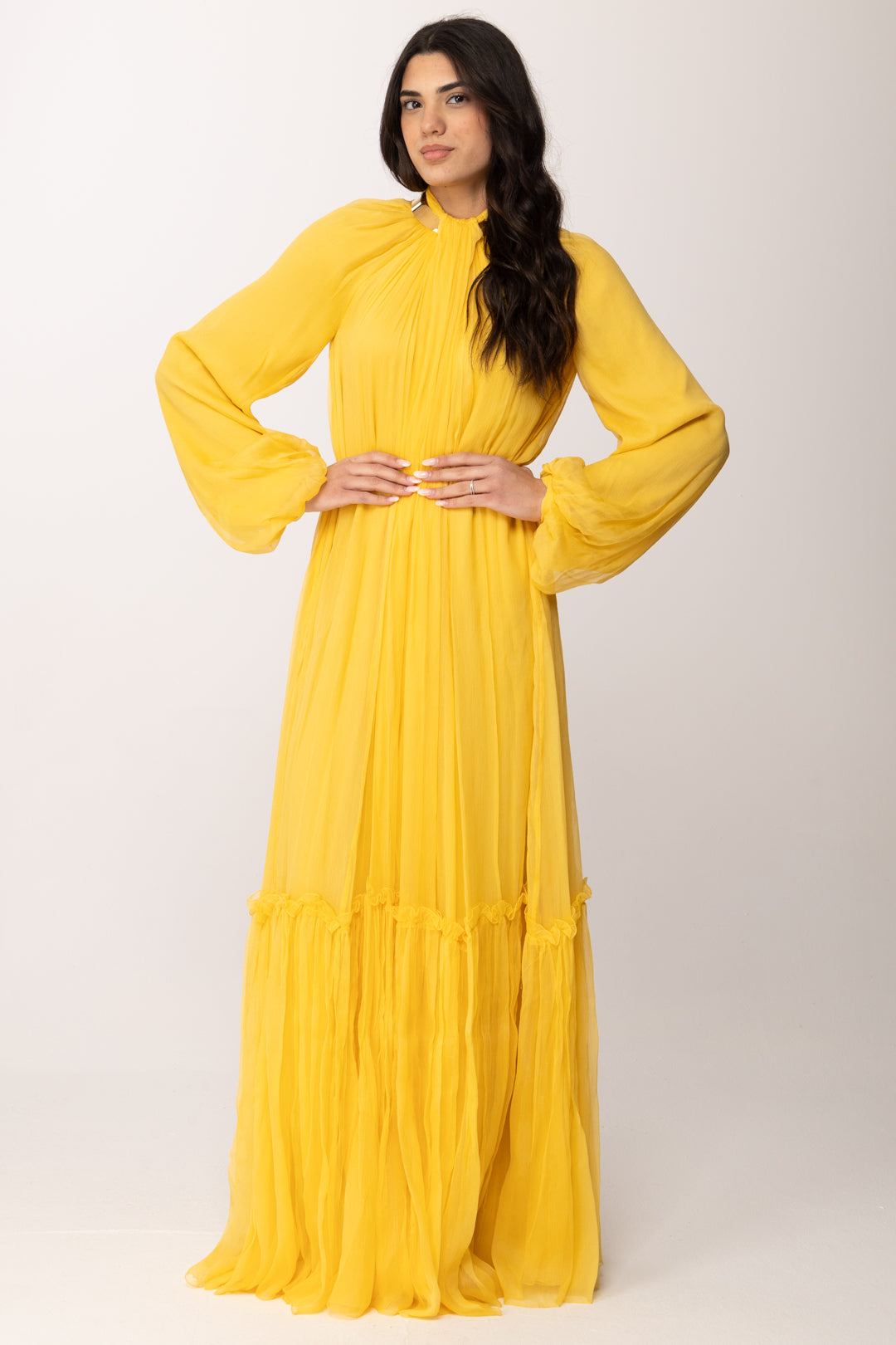Elisabetta Franchi Woman Pleated Chiffon Dress with High Neck AB96365E2 SUN – Khloefemme