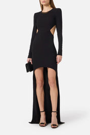 Elisabetta Franchi Abito Red Carpet Asimmetrico con Cut-out e Coda ABR3261E2 NERO