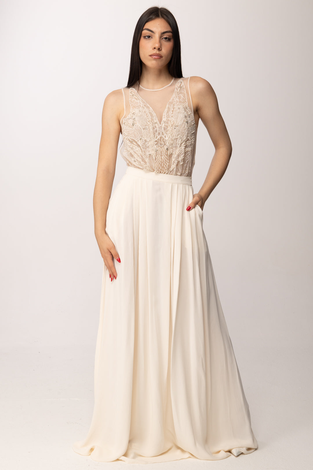 Elisabetta Franchi Abito Red Carpet con Busto In Tulle Ricamato ABR4262E2 BURRO