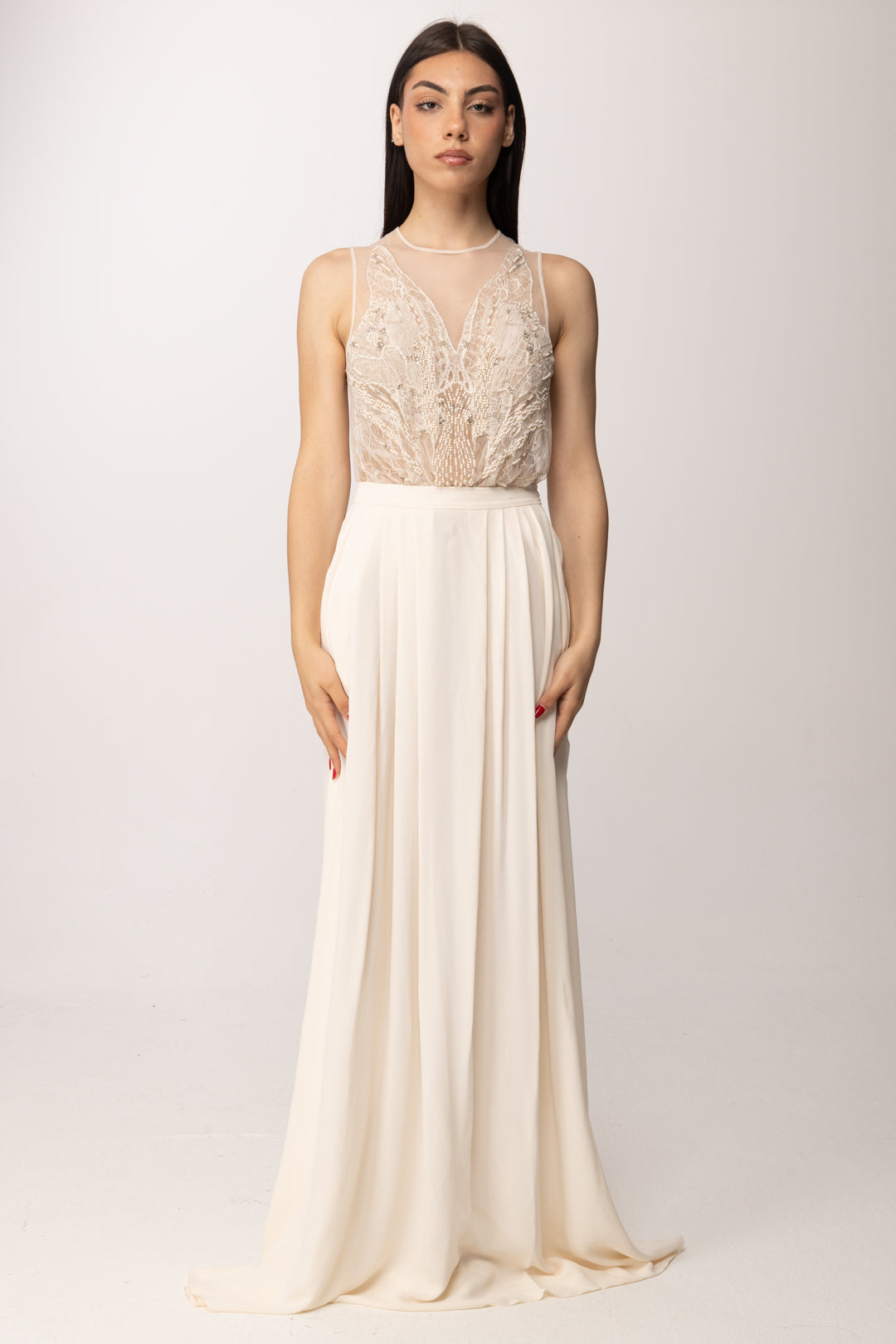 Elisabetta Franchi Abito Red Carpet con Busto In Tulle Ricamato ABR4262E2 BURRO