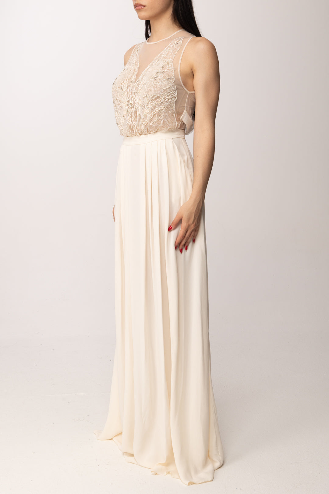 Elisabetta Franchi Abito Red Carpet con Busto In Tulle Ricamato ABR4262E2 BURRO