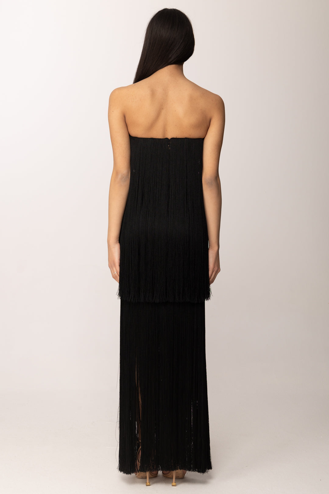 Elisabetta Franchi Abito Red Carpet con Frange Lunghe ABR3762E2 NERO