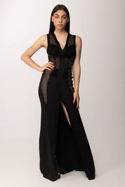 Elisabetta Franchi Abito Red Carpet con Inserti In Trasparenza Ricamati ABR4362E2 NERO