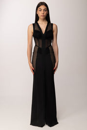 Elisabetta Franchi Abito Red Carpet con Inserti In Trasparenza Ricamati ABR4362E2 NERO