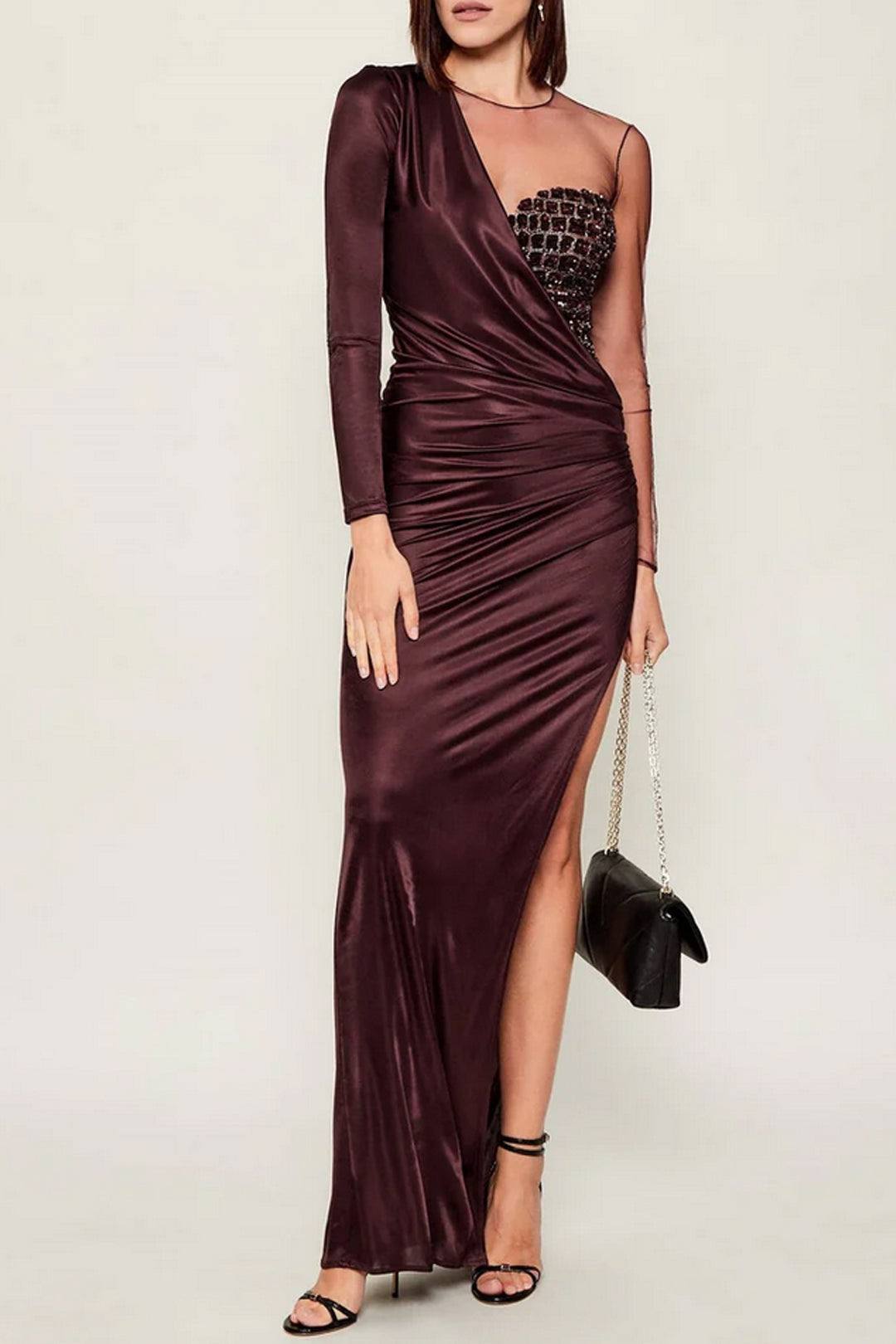 Elisabetta Franchi Abito Red Carpet con Inserto Ricamato Cocco ABR2257E2 MERLOT